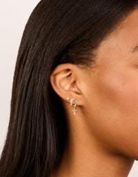 Gold Plated Cubic Zirconia Baguette Trio Studs & Cross Huggie Earrings 3-Pack - link has visual effect only