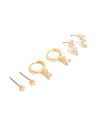 Showcasing dainty cross cubic zirconia baguette trio studs and huggie earrings in a gold plated 3-pack front view - link has visual effect only