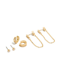 Showcasing gold plated chain and huggie earrings 3-pack stud closures front view - link has visual effect only