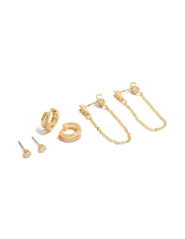 Showcasing gold plated chain and huggie earrings 3-pack stud closures front view