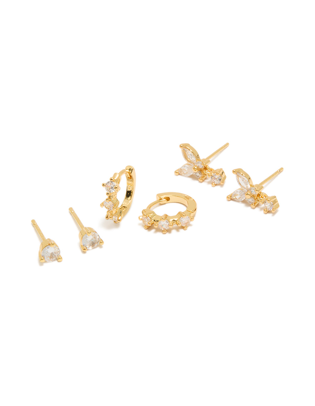 Featuring mini butterfly hoop earrings crafted from gold plated crystal and cubic zirconia in a 3-pack with hoop stud closure front view
