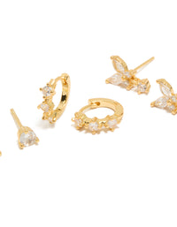 Showcasing mini butterfly hoop earrings crafted from gold plated crystal and cubic zirconia in a 3-pack with hoop stud closure close up view - link has visual effect only