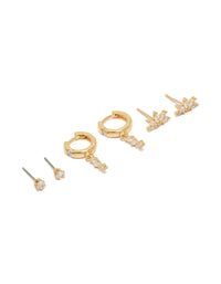 Showcasing gold plated cubic zirconia studs and marquise fan earrings in a 3-pack with huggie closure front view - link has visual effect only