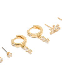 Beautifully crafted gold plated cubic zirconia studs and marquise fan earrings in a 3-pack with huggie closure close up view - link has visual effect only