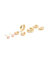 Featuring gold plated pink cubic zirconia stud and huggie earrings in a 4-pack with chunky style descriptor, baguette stone cut front view - link has visual effect only