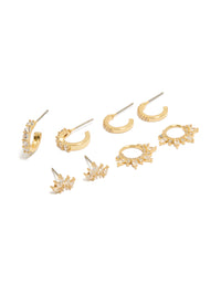 Showcasing gold plated cubic zirconia marquise fanned huggies and stud earrings 4-pack with crystal embellishments in huggie and stud closures front view - link has visual effect only