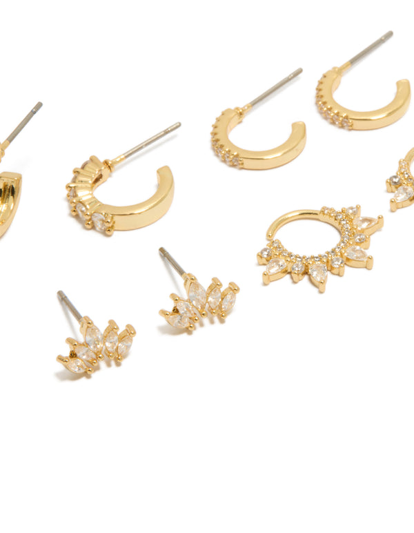 Featuring gold plated cubic zirconia marquise fanned huggies and stud earrings 4-pack with crystal embellishments in huggie and stud closures close up view