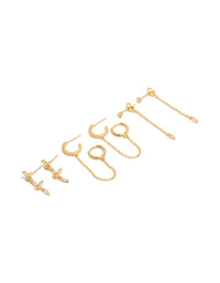 Showcasing gold plated butterfly and chain earrings in a 4-pack with cubic zirconia, crystal accents, and huggie closures front view - link has visual effect only