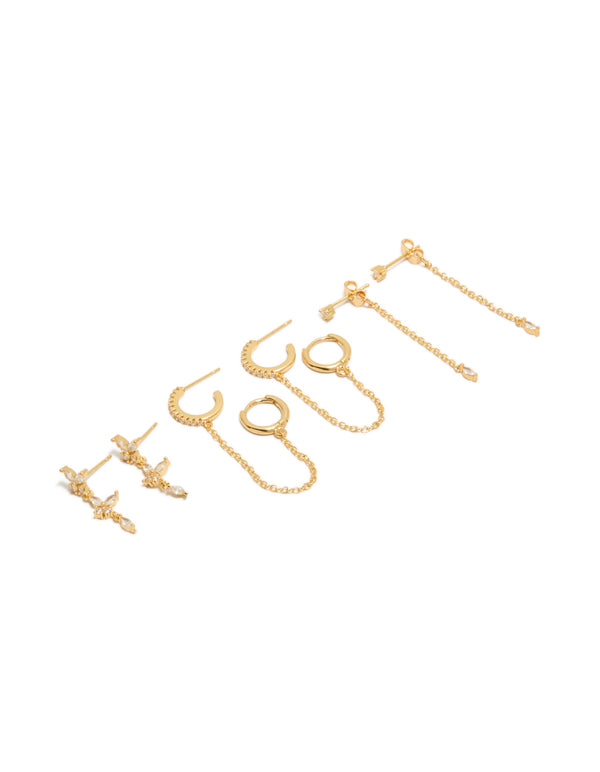 Showcasing gold plated butterfly and chain earrings in a 4-pack with cubic zirconia, crystal accents, and huggie closures front view