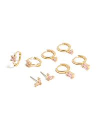 Showcasing gold plated pink cubic zirconia flower huggie and stud earrings 4-pack, baguette stone cut, and light pink accents front view - link has visual effect only