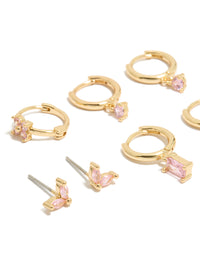 Featuring gold plated pink cubic zirconia flower huggie and stud earrings 4-pack, baguette stone cut, and light pink accents close up view - link has visual effect only