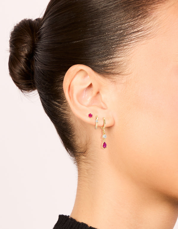 Gold Plated Dark Pink Cubic Zirconia Studs & Huggie Earrings 3-Pack
