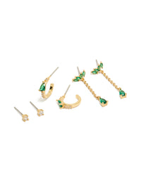 Beautifully crafted statement earrings in a 3-pack featuring gold plated construction with pear, marquise stone cuts, cubic zirconia and crystal materials, stud and hoop closures, green and clear accents front view - link has visual effect only