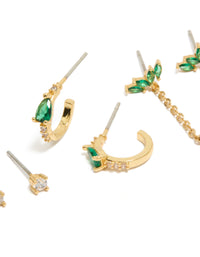 Stunning statement earrings in a 3-pack showcasing gold plated finish with pear, marquise stone cuts, cubic zirconia and crystal details, stud and hoop closures, green and clear tones close up view - link has visual effect only