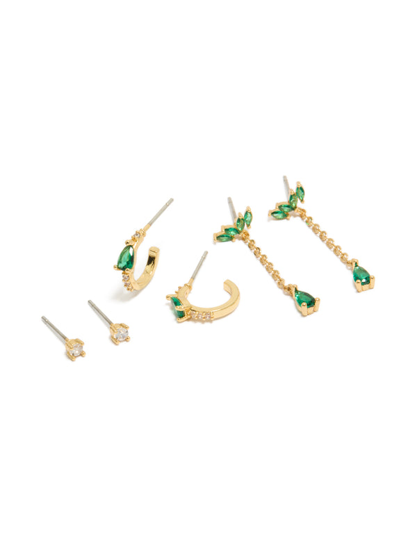 Beautifully crafted statement earrings in a 3-pack featuring gold plated construction with pear, marquise stone cuts, cubic zirconia and crystal materials, stud and hoop closures, green and clear accents front view