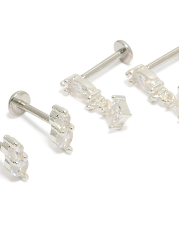 Discover silver plated double marquise and oval cubic zirconia flat back studs pack crafted from titanium with stud closure close up view