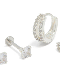 Featuring silver plated brass flat back studs and huggie earrings pack close up view - link has visual effect only