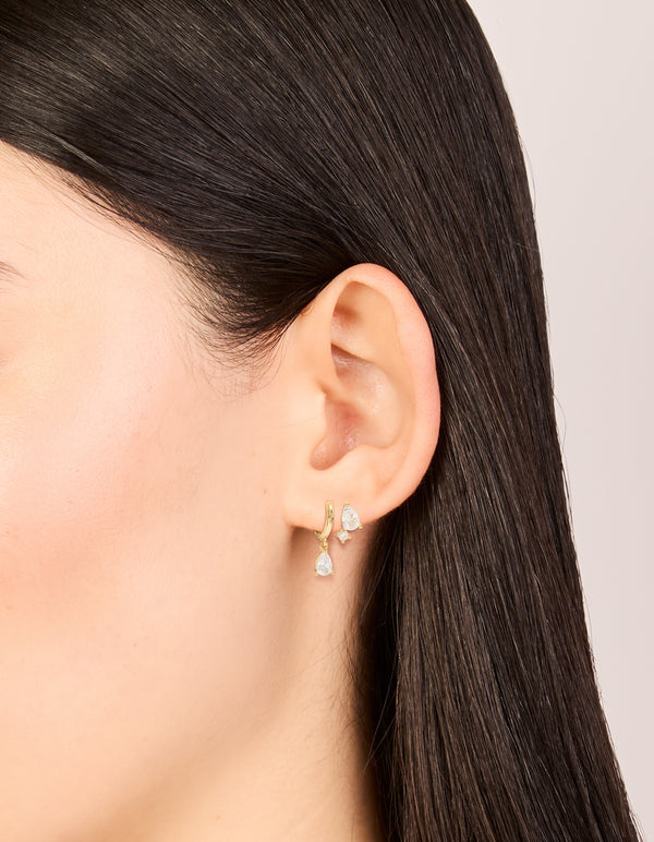 Gold Plated Cubic Zirconia Teardrop Flat Back Studs & Huggie Earrings Pack