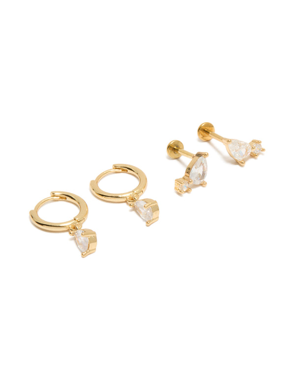 Showcasing gold plated cubic zirconia teardrop flat back studs and huggie earrings pack with titanium in clear front view