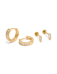 Showcasing dainty flat back studs and hoops pack in gold plated titanium with baguette cut cubic zirconia crystal front view - link has visual effect only