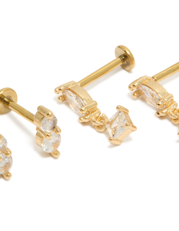 Showcasing dainty gold plated cubic zirconia marquise drop flat back studs with Marquise stone cut and stud closure close up view