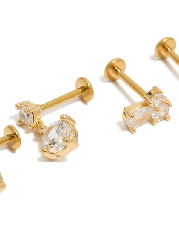 Showcasing gold plated cubic zirconia cluster flat back studs pack with pear stone cut and titanium crafted from crystal in gold close up view