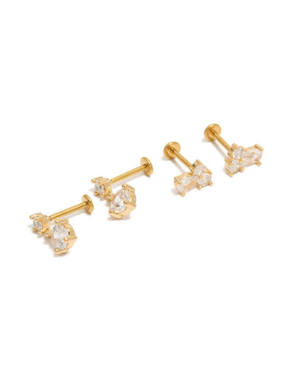Discover these gold plated cubic zirconia cluster flat back studs pack featuring pear stone cut and titanium crafted from crystal in gold front view