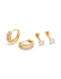 Discover this gold plated double hoop and flat back studs pack featuring cubic zirconia, crafted from titanium front view - link has visual effect only