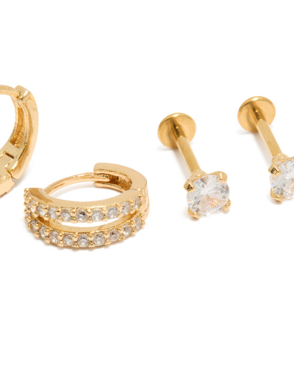 Explore this gold plated double hoop and flat back studs pack with cubic zirconia in titanium close up view
