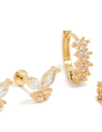 Showcasing gold plated brass butterfly flat back studs and huggie earrings pack close up view - link has visual effect only