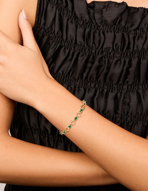Gold Plated Alternating Round Green Cubic Zirconia Link Bracelet