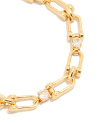 Highlighting a gold plated brass cubic zirconia bracelet in gold with statement and dainty styling close up view - link has visual effect only