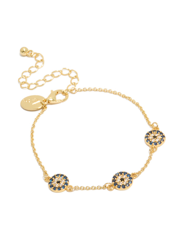 Beautifully crafted evil eye bracelet in gold plated metal front view