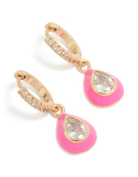 Statement huggie earrings featuring cubic zirconia and pink enamel outer oval drops in gold front view - link has visual effect only