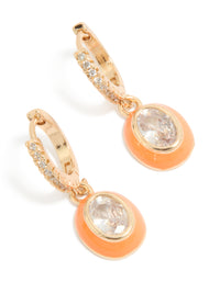 Showcasing gold cubic zirconia orange enamel outer oval huggie earrings with statement style in clear front view - link has visual effect only