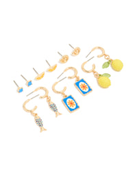Featuring gold stud and hoop earrings with ocean, fruit, shell ,floral and charm designs in yellow blue lime green front view - link has visual effect only