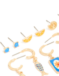 Showcasing gold lemon holiday stud and hoop earrings 6-pack with ocean, fruit, shell, floral and charm designs in yellow blue lime green close up view - link has visual effect only