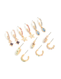 Showcasing gold multicoloured diamante hoop earrings featuring celestial star charms in a 6-pack front view - link has visual effect only