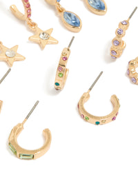 Designed with gold multicoloured diamante hoop earrings featuring celestial star charms in pink, light blue, and green 6-pack detail view - link has visual effect only