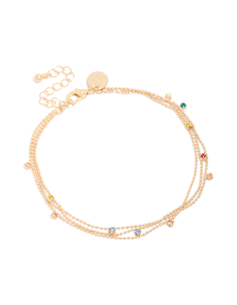Dainty gold multicoloured cubic zirconia droplet layered anklet featuring heart charms bracelet front view