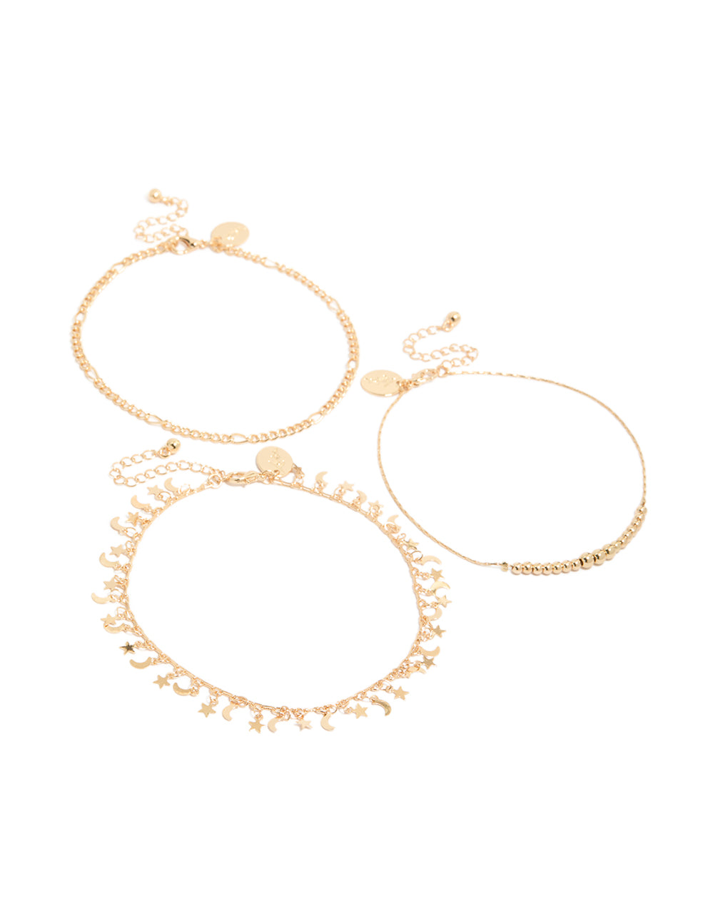 Showcasing a gold celestial charms and balls anklets 3-pack with star and moon featuring solid print front view