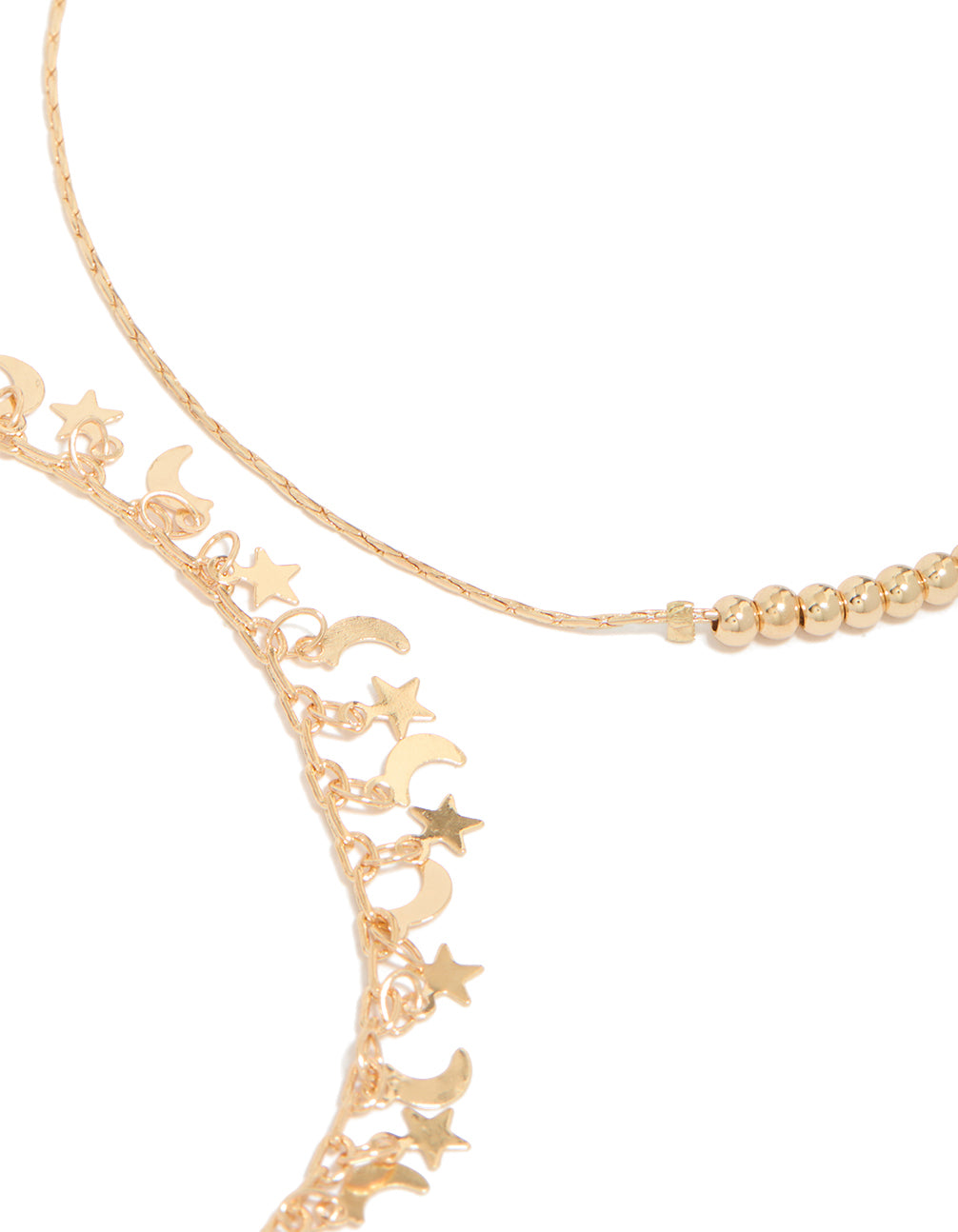 Featuring gold celestial charms and balls anklets 3-pack with star and moon in solid print detail view