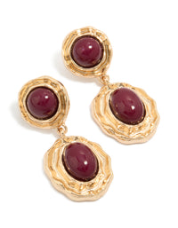 Statement gold double burgundy resin drop earrings with maroon accents front view - link has visual effect only