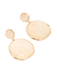 Beautifully designed statement drop earrings featuring genuine shell in pink with ocean-inspired details and gold finish front view - link has visual effect only