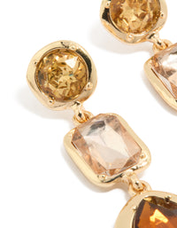 Featuring statement gold brown diamantes drop earrings with faceted stone settings close up view - link has visual effect only