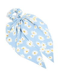 Showcasing a sky blue daisy printed scarf scrunchie with floral print in white and yellow front view - link has visual effect only