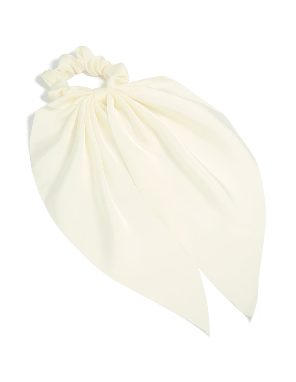 Crafted from solid ivory fabric, this simple cream long scarf scrunchie front view