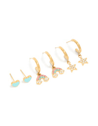 Featuring waterproof stainless steel stacking earrings with celestial motifs, star accents, huggie and stud closures in gold plated enamel front view - link has visual effect only