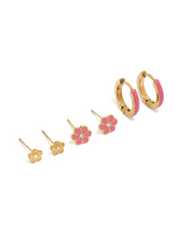 Showcasing floral pink enamel stainless steel waterproof stud and huggie closure stack pack in gold front view - link has visual effect only