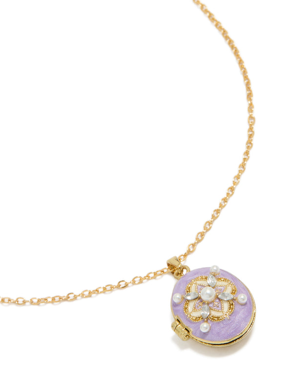 Tweens Gold Plated Stainless Steel Purple Enamel Oval Locket Necklace